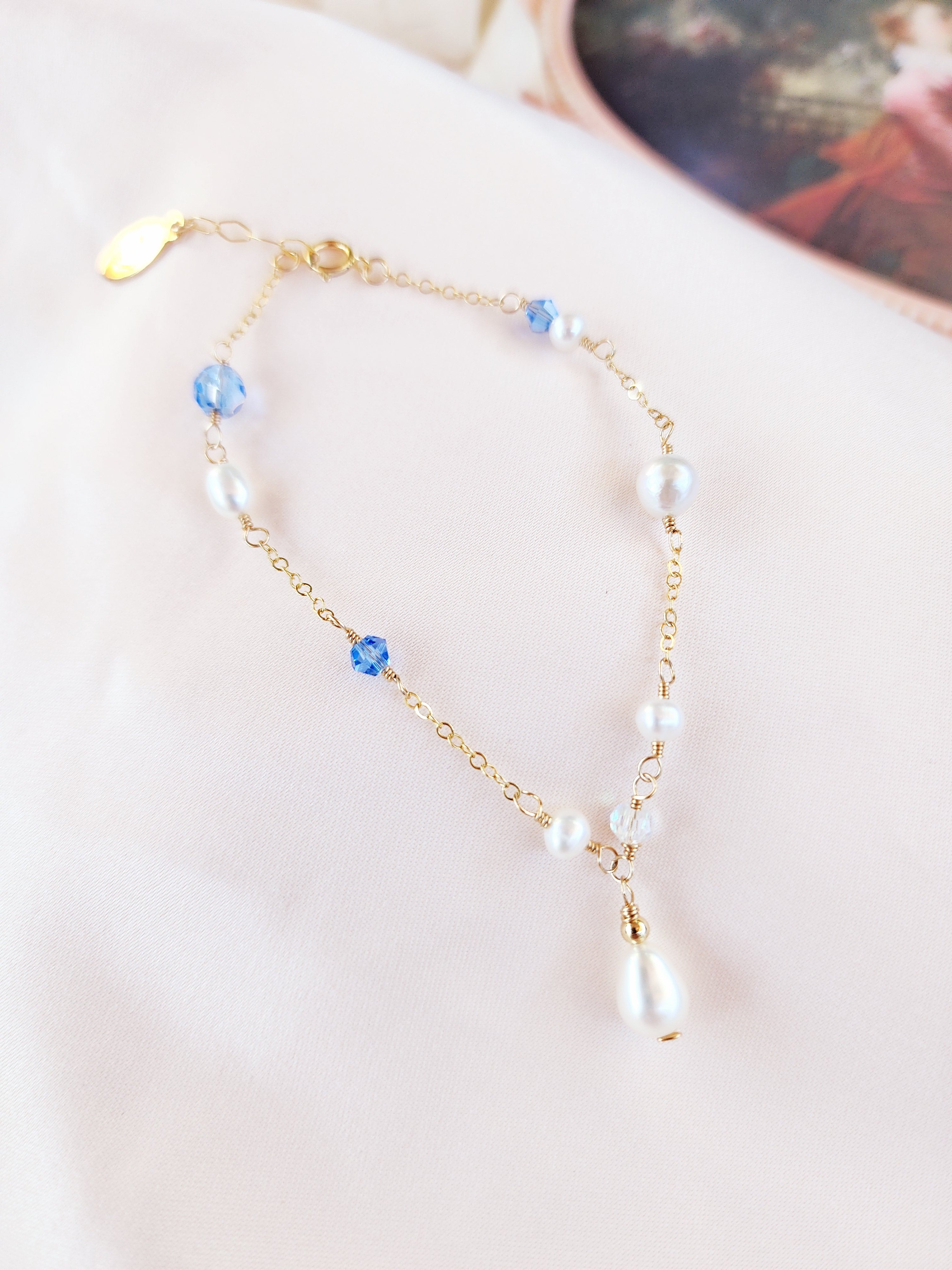 Blue Crystals and Teardrop Pearl Bracelet