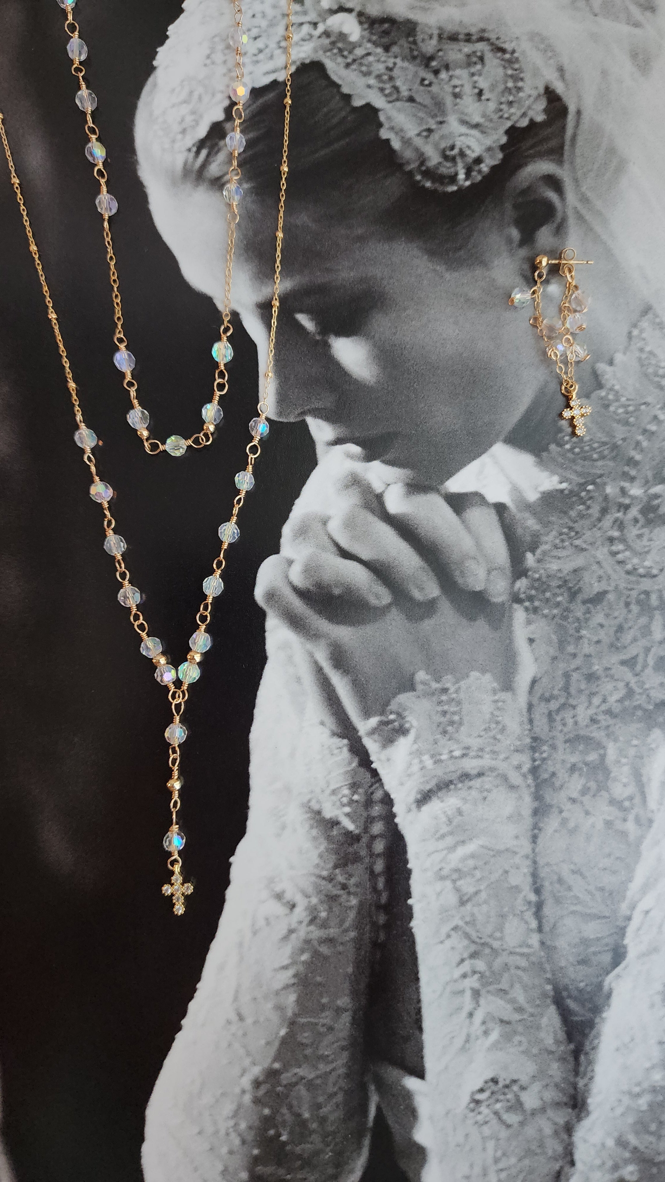 Crystal Rosary Cross Lariat Necklace — Starry Night | 14kt Gold Fill & Sterling Silver