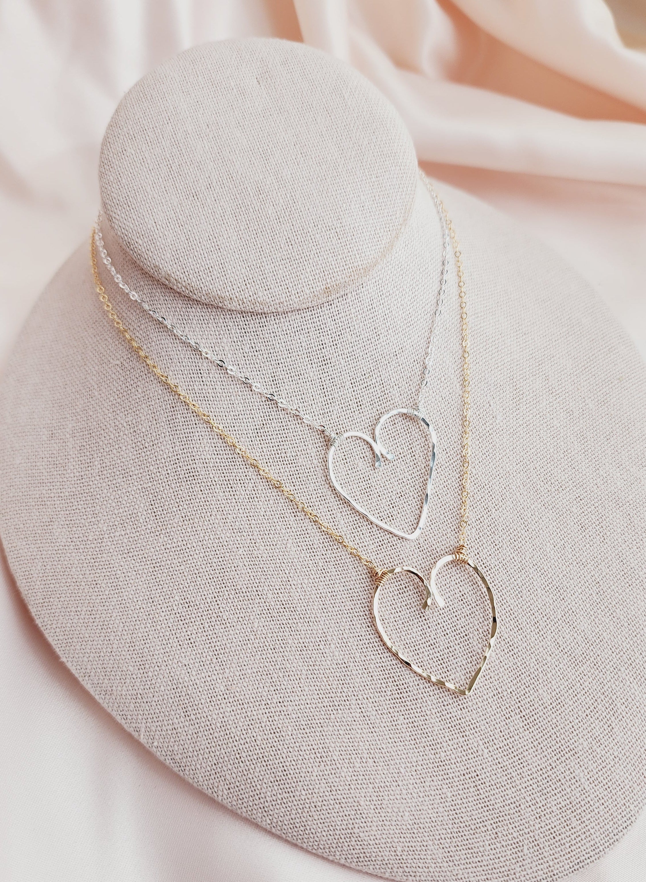 Front view of hammered heart pendant necklace in 14kt gold fill, showcasing a whimsical, romantic design—perfect for brides, bridesmaids, and elopement style.
