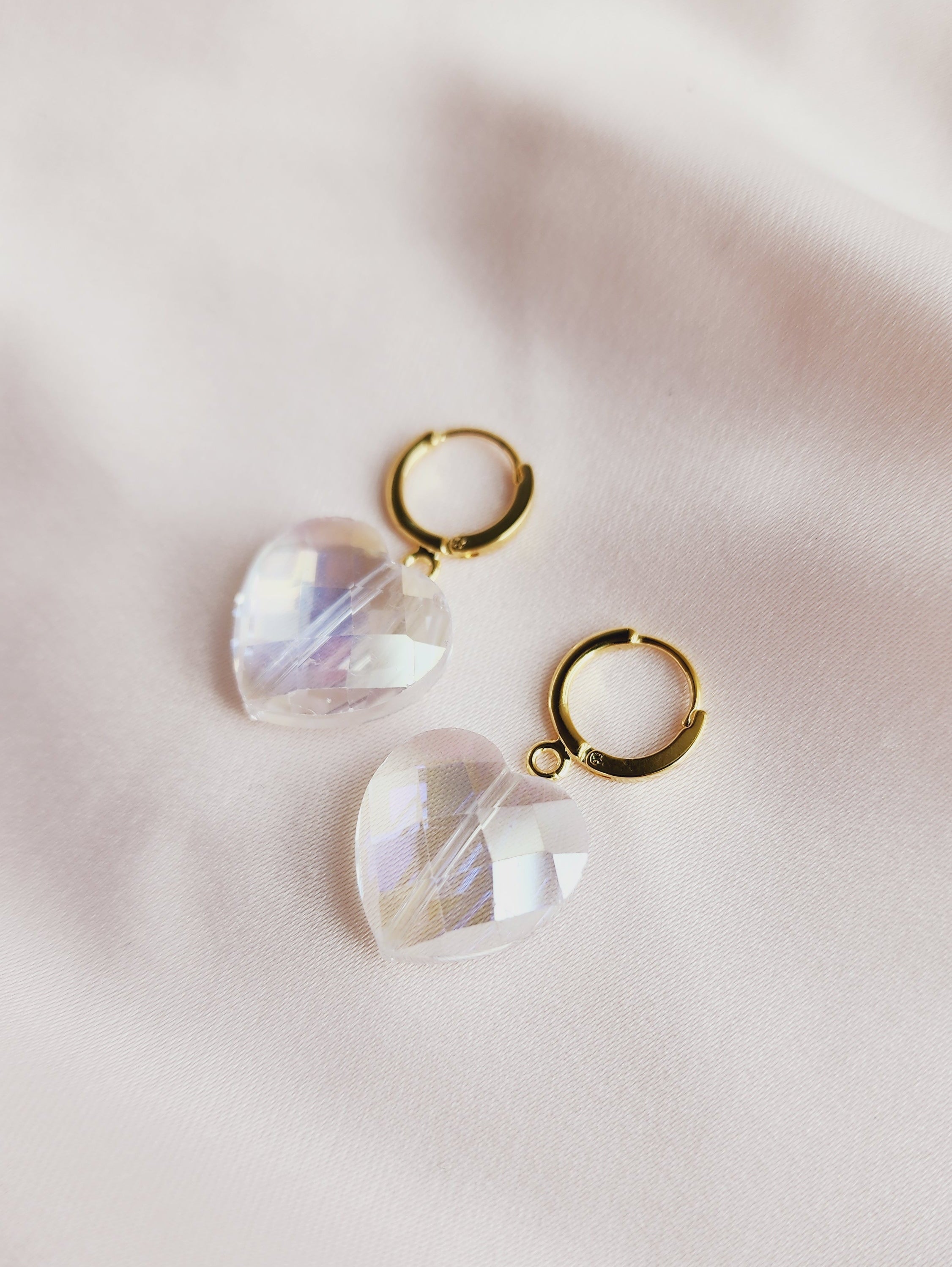 top view crystal heart earrings, sparkle heart earrings