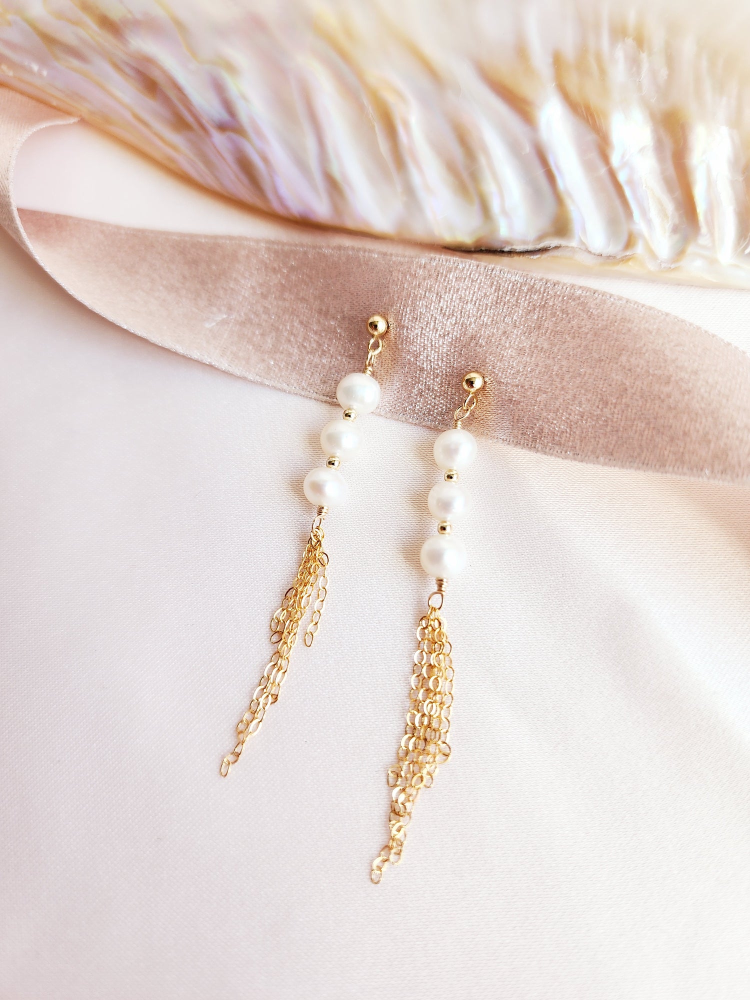 Tassel Pearl Stud Earrings | Sterling Silver and 14ktgf