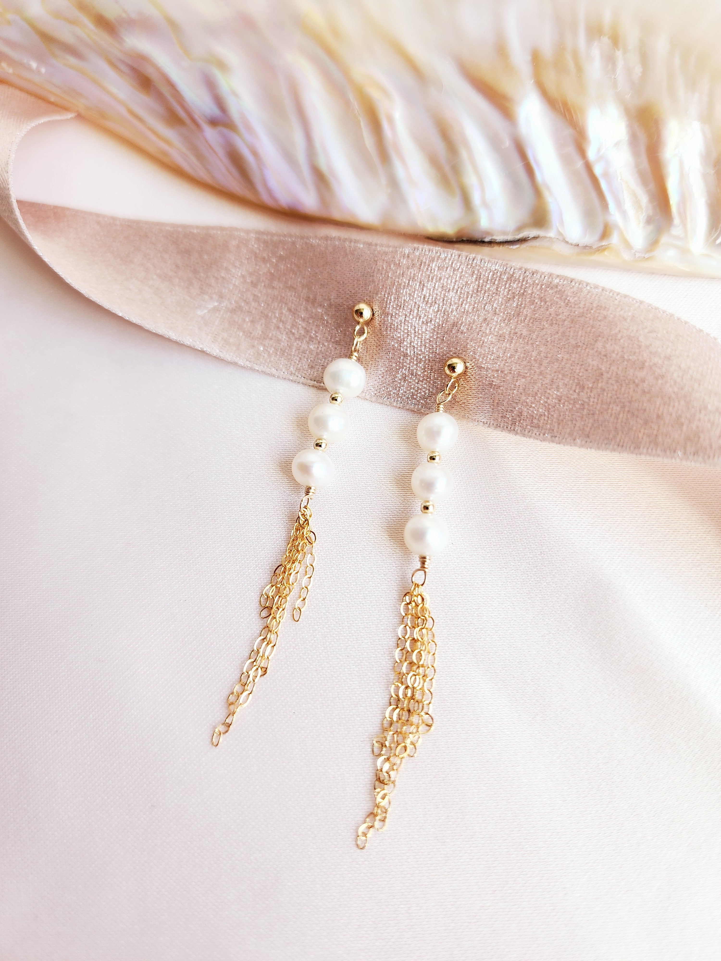 Tassel Pearl Stud Earrings | Sterling Silver and 14ktgf