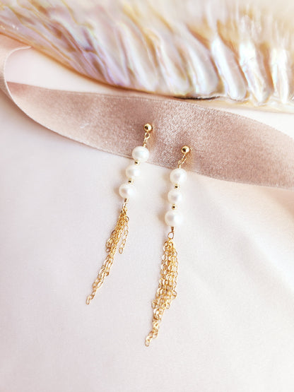 Tassel Pearl Stud Earrings | Sterling Silver and 14ktgf