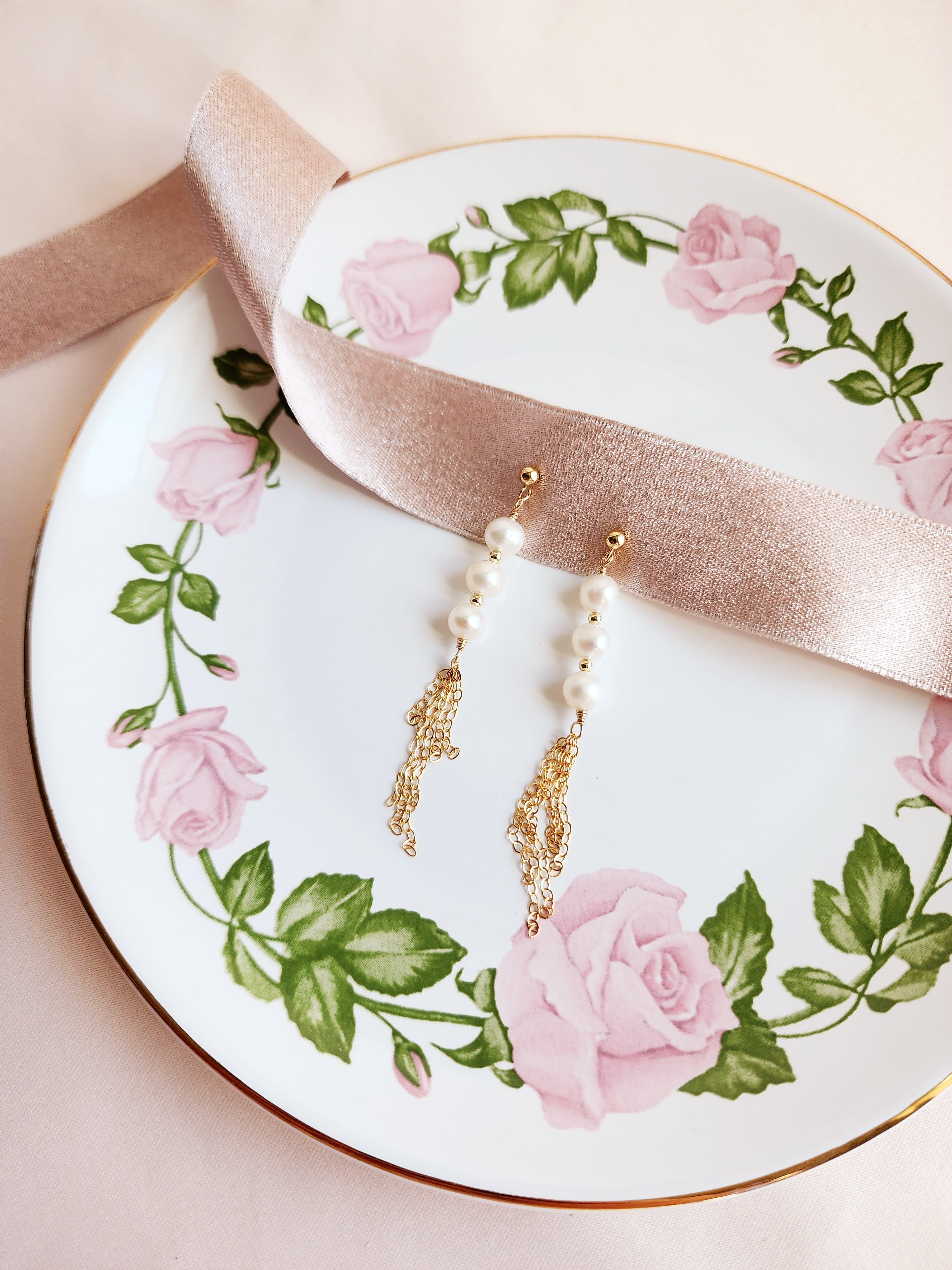 Tassel Pearl Stud Earrings | Sterling Silver and 14ktgf