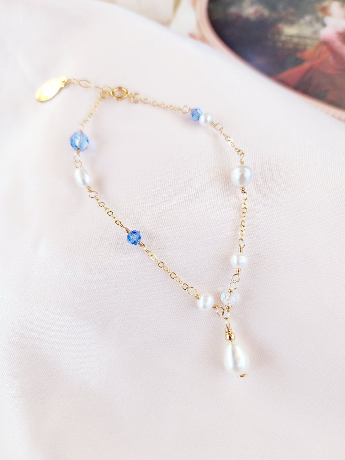 Blue Crystals and Teardrop Pearl Bracelet