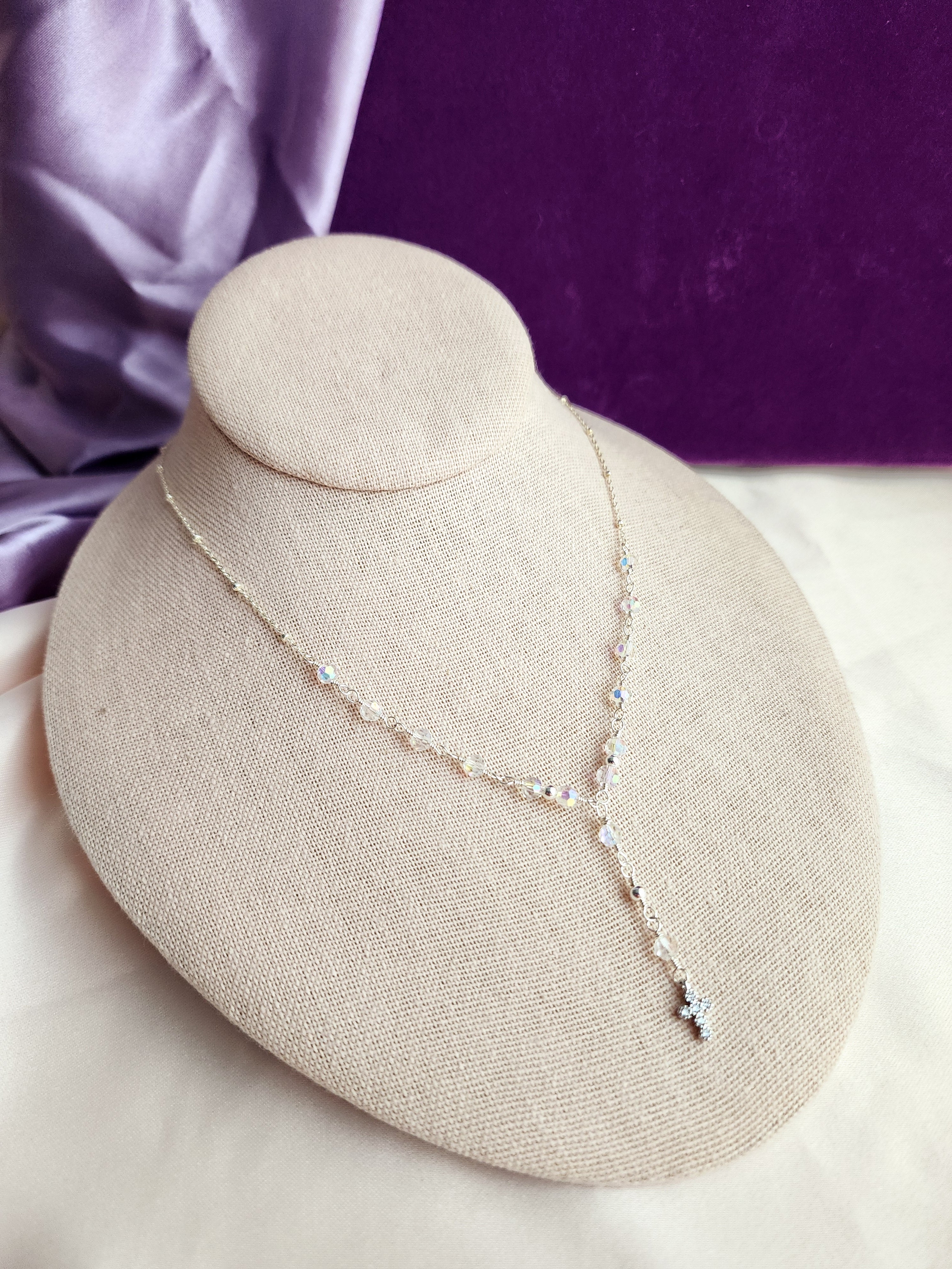 Crystal Rosary Cross Lariat Necklace — Starry Night | 14kt Gold Fill &amp; Sterling Silver