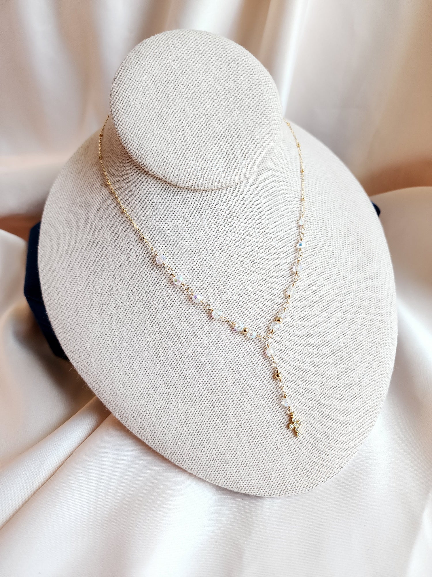 Crystal Rosary Cross Lariat Necklace — Starry Night | 14kt Gold Fill &amp; Sterling Silver