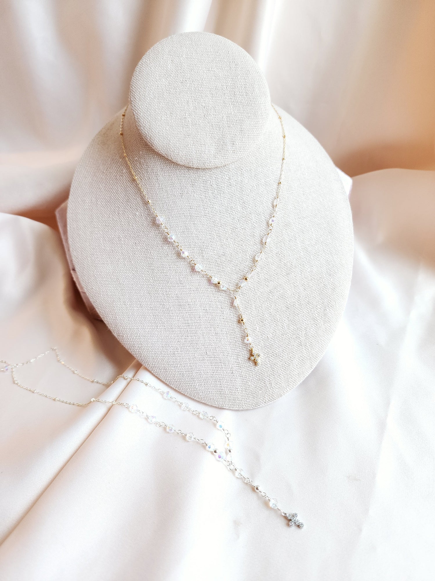 Crystal Rosary Cross Lariat Necklace — Starry Night | 14kt Gold Fill &amp; Sterling Silver