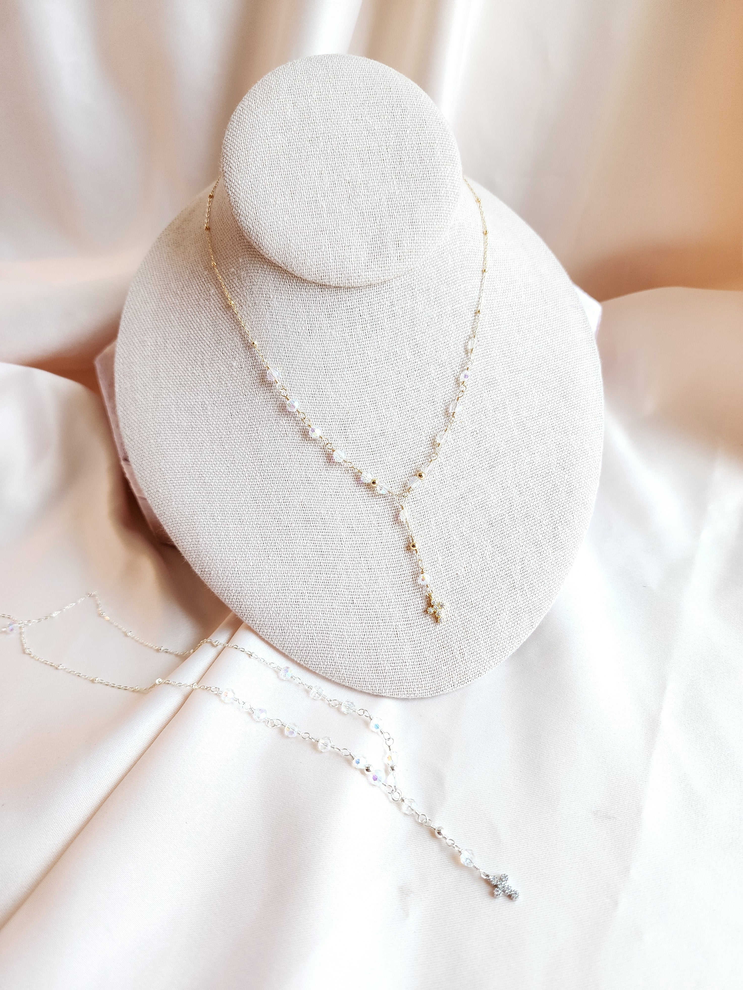 Crystal Rosary Cross Lariat Necklace — Starry Night | 14kt Gold Fill &amp; Sterling Silver