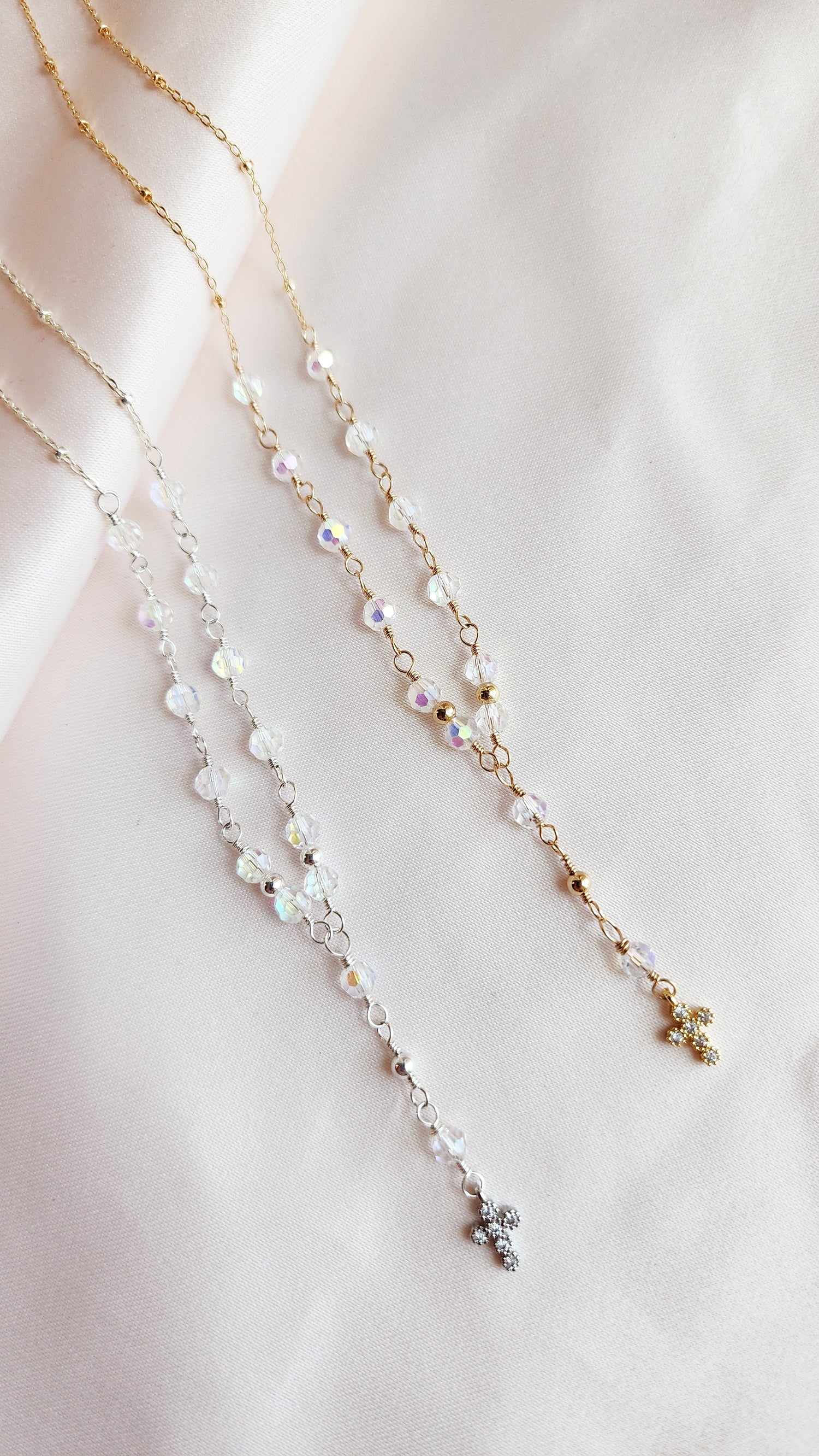 Crystal Rosary Cross Lariat Necklace — Starry Night | 14kt Gold Fill &amp; Sterling Silver