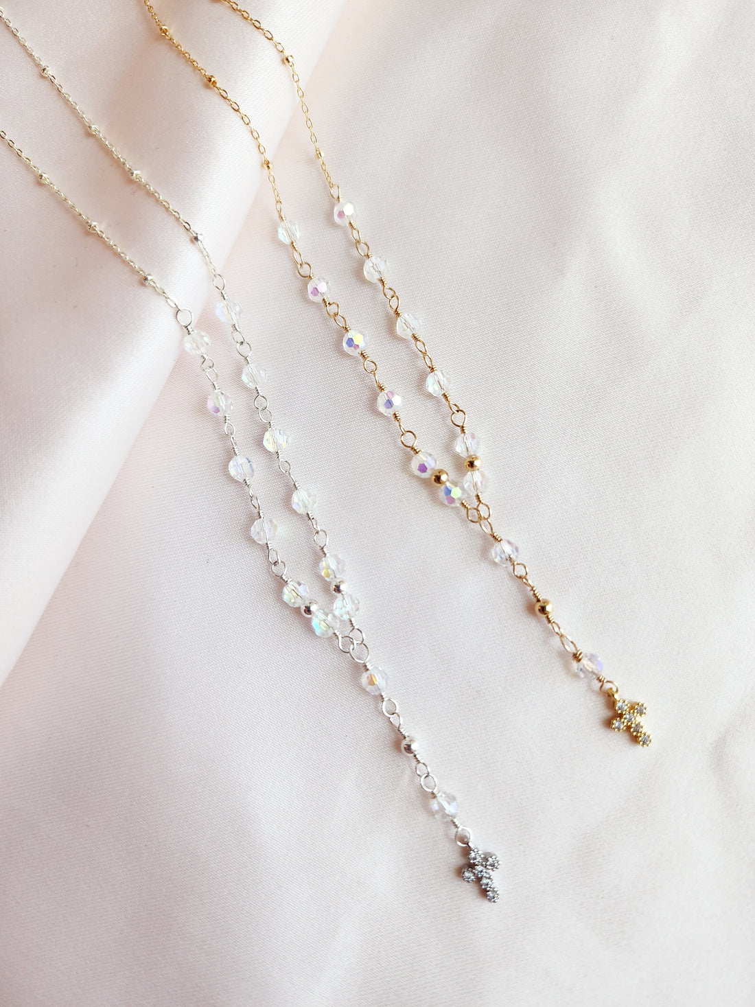 Crystal Rosary Cross Lariat Necklace — Starry Night | 14kt Gold Fill & Sterling Silver