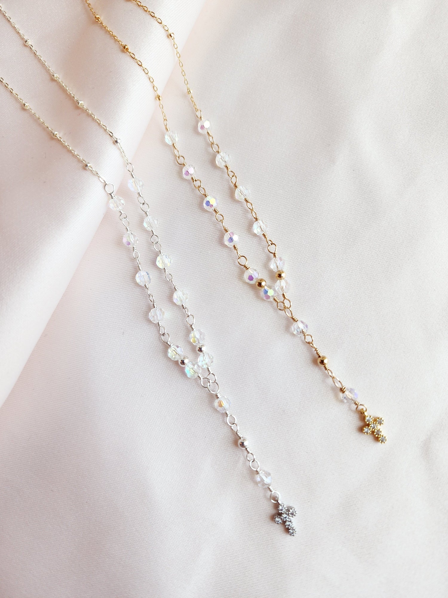 Crystal Rosary Cross Lariat Necklace — Starry Night | 14kt Gold Fill &amp; Sterling Silver