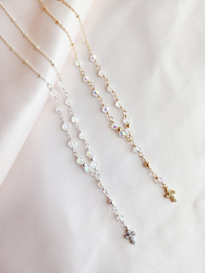 Crystal Rosary Cross Lariat Necklace — Starry Night | 14kt Gold Fill &amp; Sterling Silver