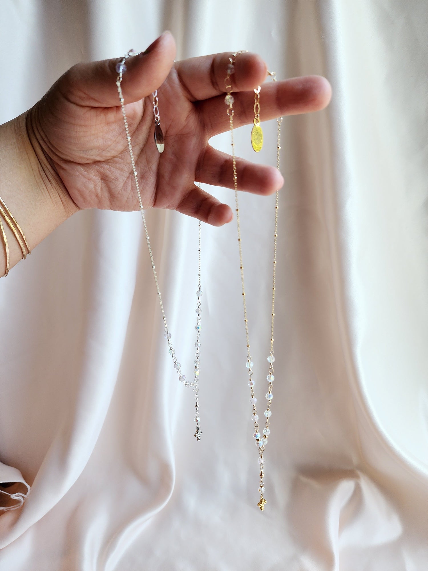Crystal Rosary Cross Lariat Necklace — Starry Night | 14kt Gold Fill &amp; Sterling Silver