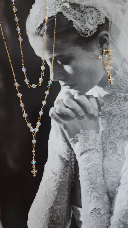 Crystal Rosary Cross Lariat Necklace — Starry Night | 14kt Gold Fill &amp; Sterling Silver