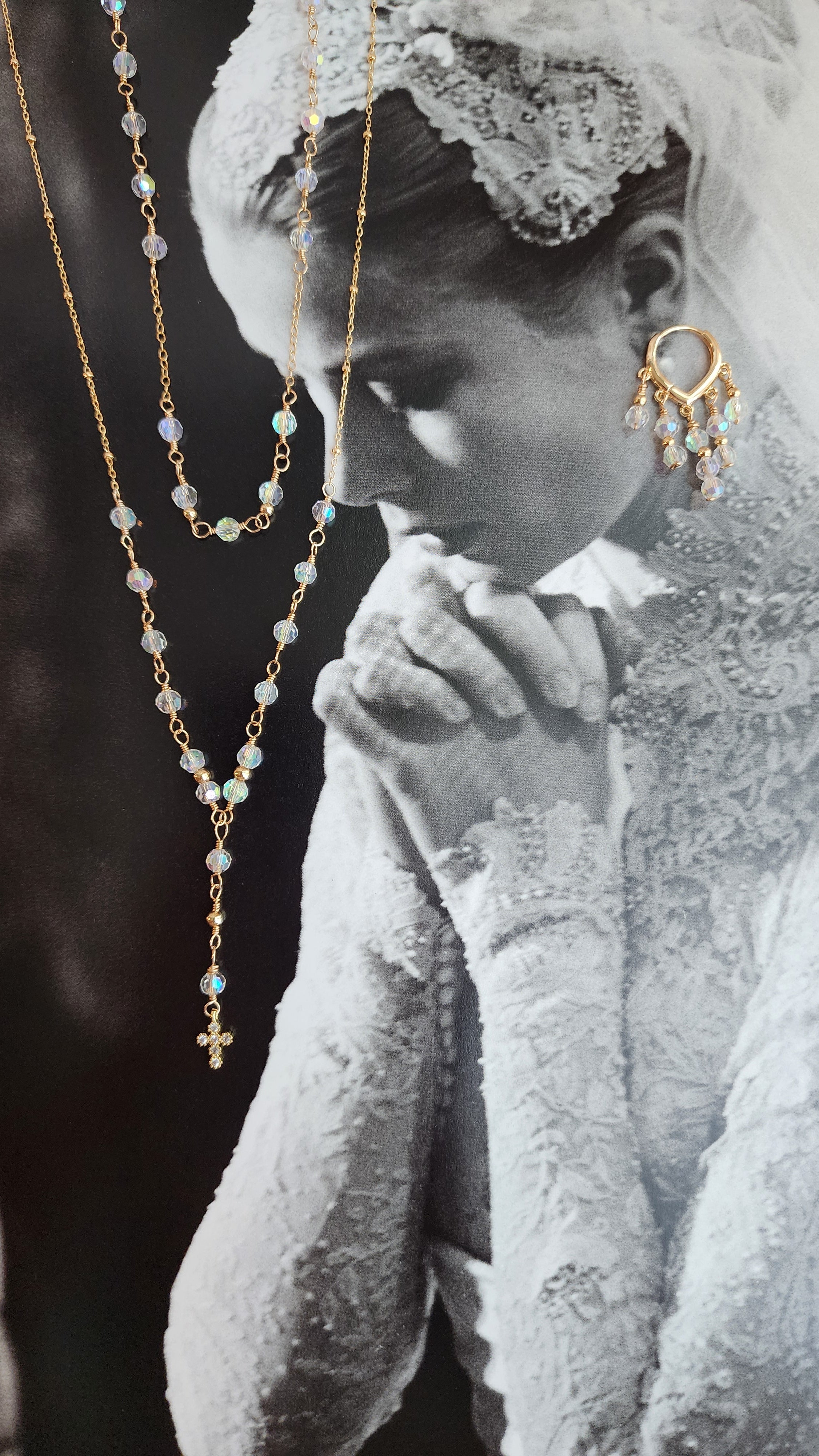 Crystal Rosary Cross Lariat Necklace — Starry Night | 14kt Gold Fill &amp; Sterling Silver