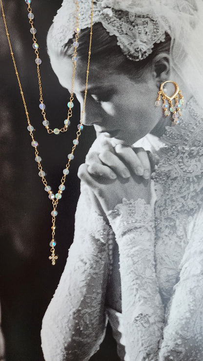 Crystal Rosary Cross Lariat Necklace — Starry Night | 14kt Gold Fill &amp; Sterling Silver