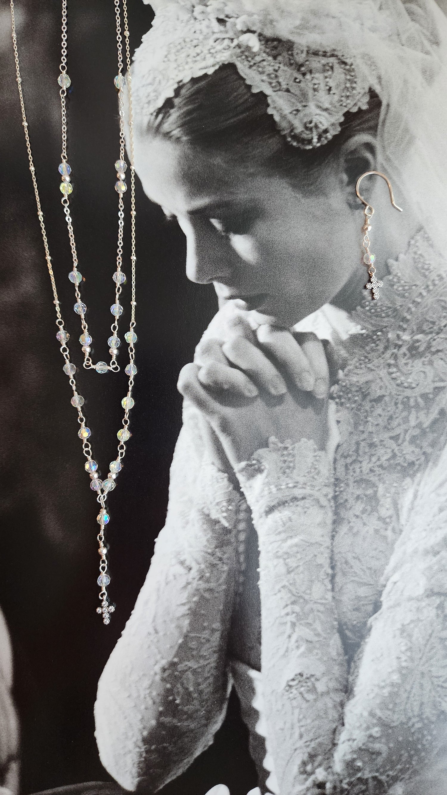 Crystal Rosary Cross Lariat Necklace — Starry Night | 14kt Gold Fill &amp; Sterling Silver