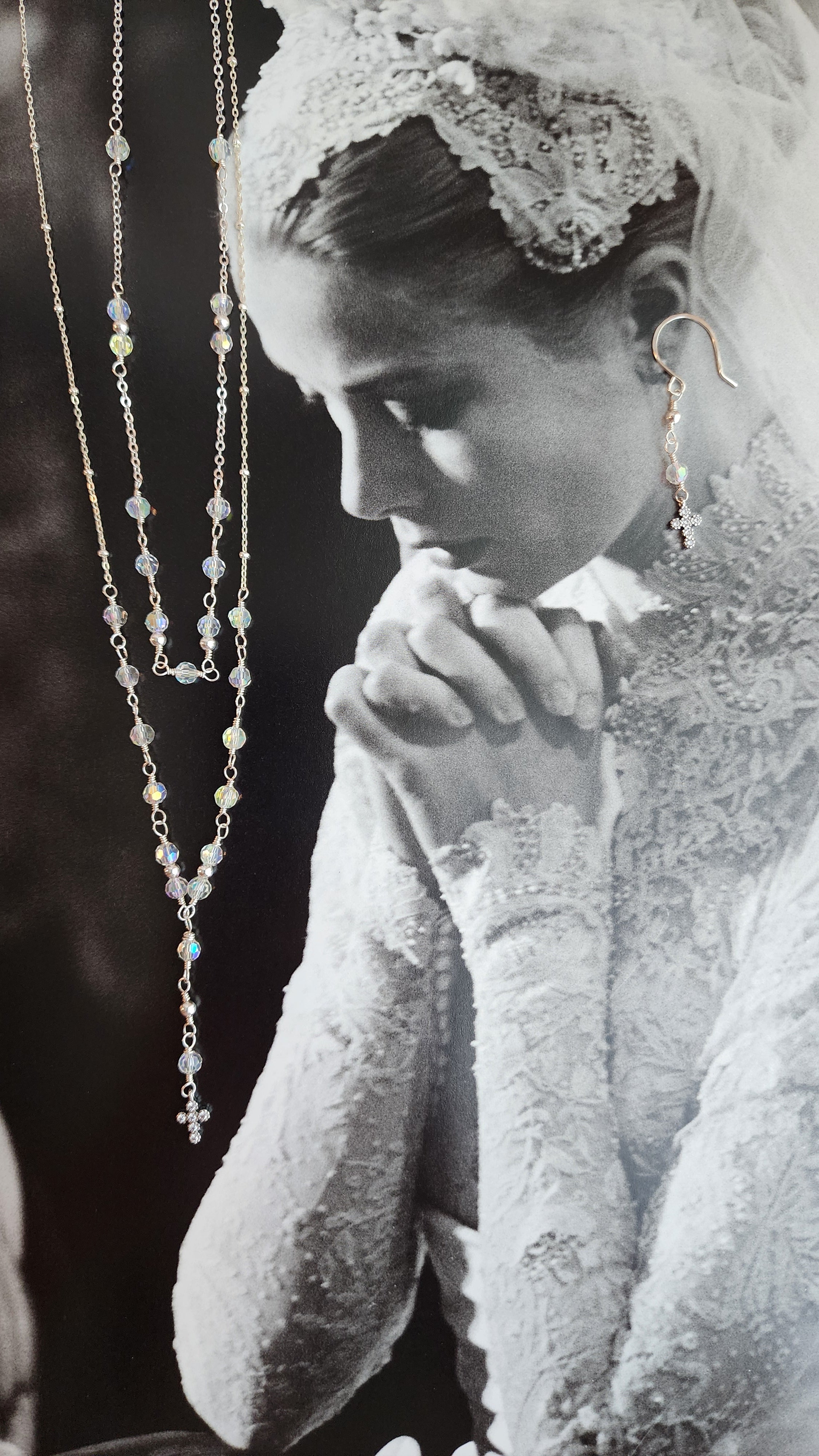 Crystal Rosary Cross Lariat Necklace — Starry Night | 14kt Gold Fill &amp; Sterling Silver