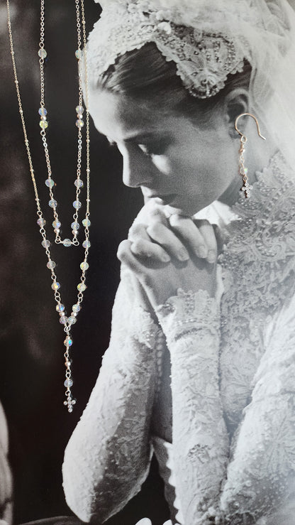 Crystal Rosary Cross Lariat Necklace — Starry Night | 14kt Gold Fill &amp; Sterling Silver
