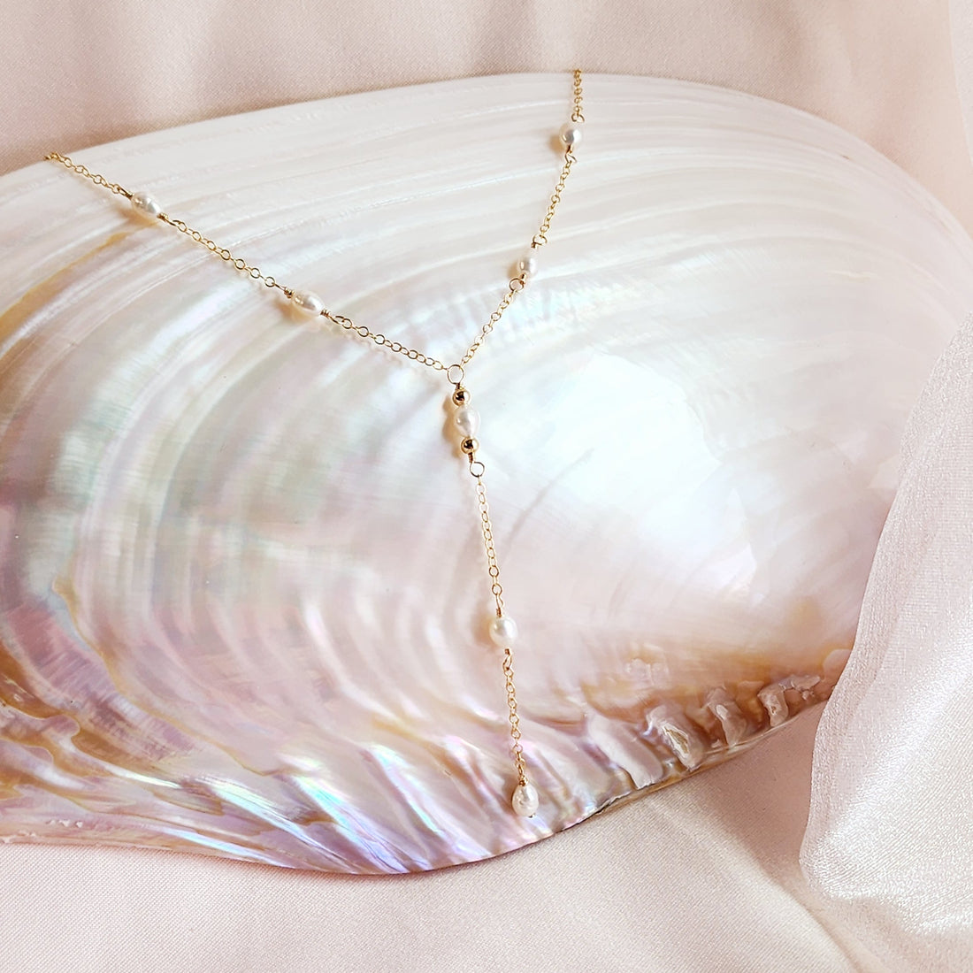 Front View of Gold Lariat Pearl Necklace
