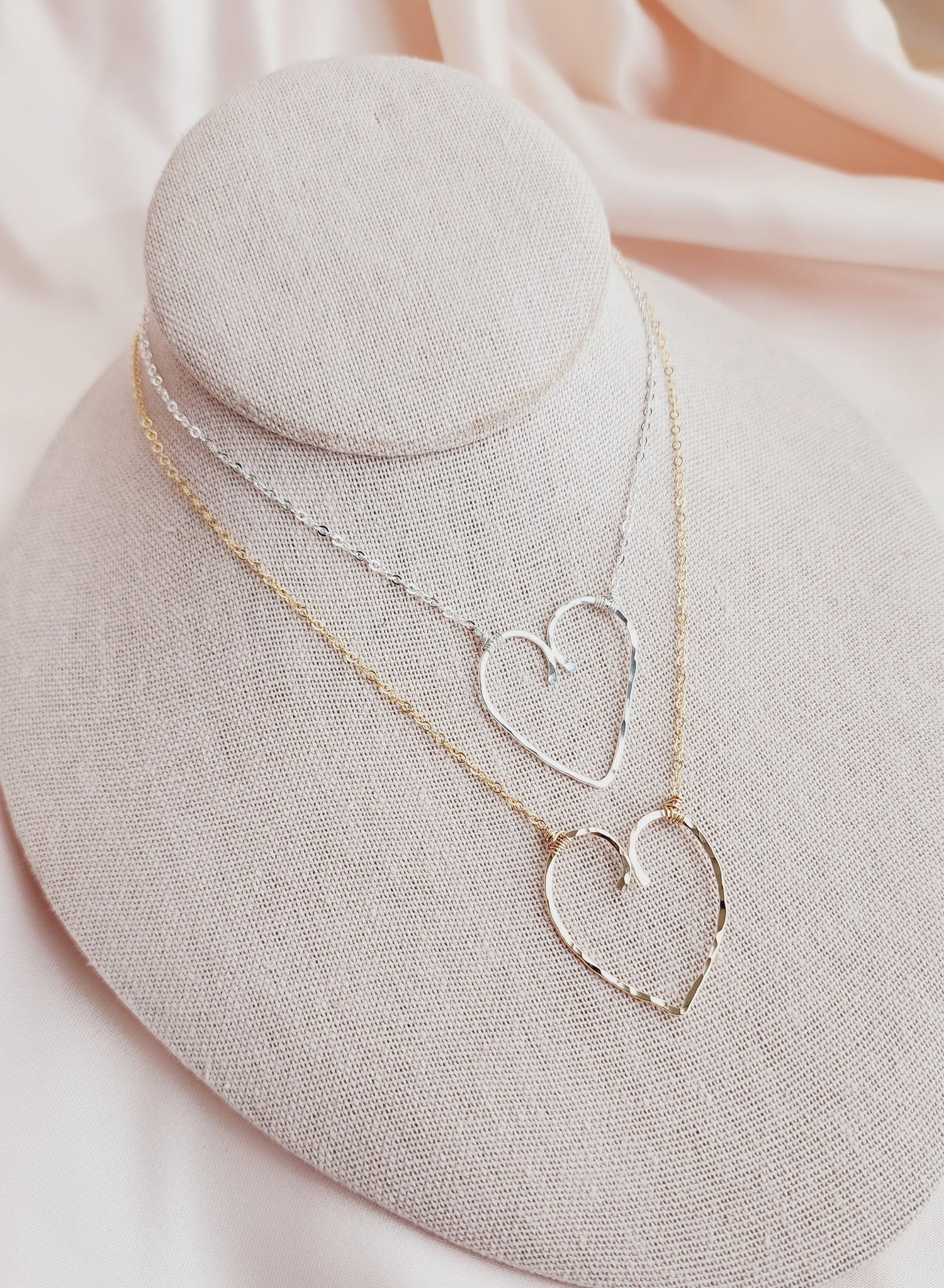 Front view of hammered heart pendant necklace in 14kt gold fill, showcasing a whimsical, romantic design—perfect for brides, bridesmaids, and elopement style.