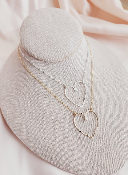 Front view of hammered heart pendant necklace in 14kt gold fill, showcasing a whimsical, romantic design—perfect for brides, bridesmaids, and elopement style.