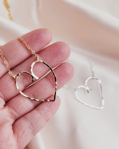 Front image- Hammer Heart Pendant necklace made of 14kt golf fill and sterling silver for everyday wear