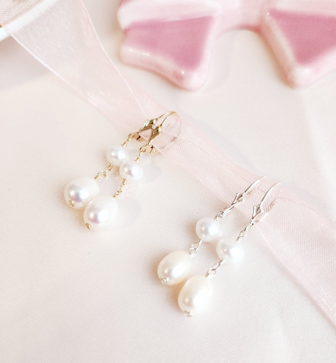 Top View leverback earrings for women that struggle to put on earrings. the elegant design features leverback hooks with two tier dangling pearls for a classic look 