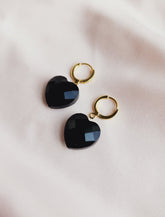 top view faceted black heart earrings, sparkly black heart earrings