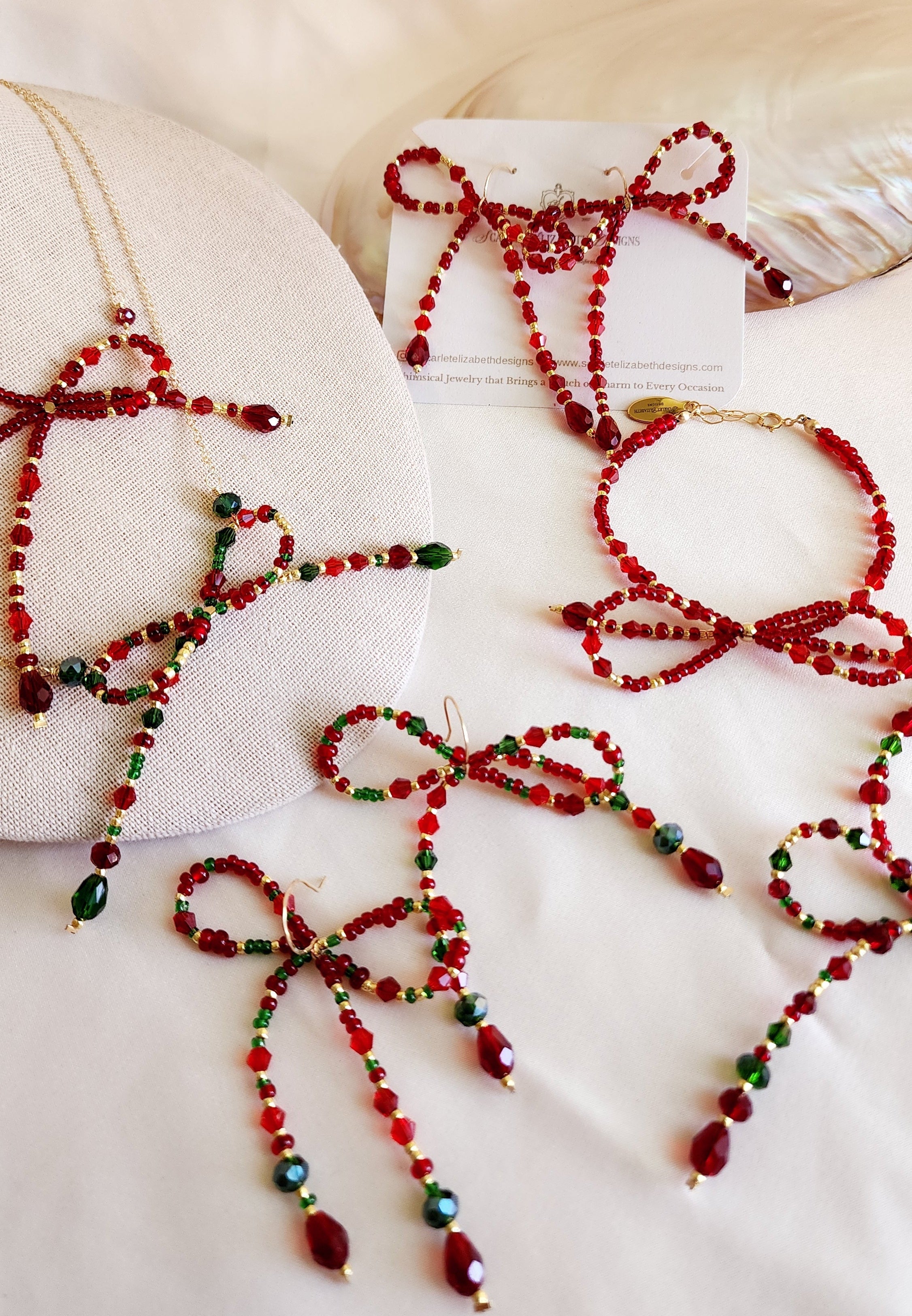 handmade bow earrings for christmas, classic red gold and green 