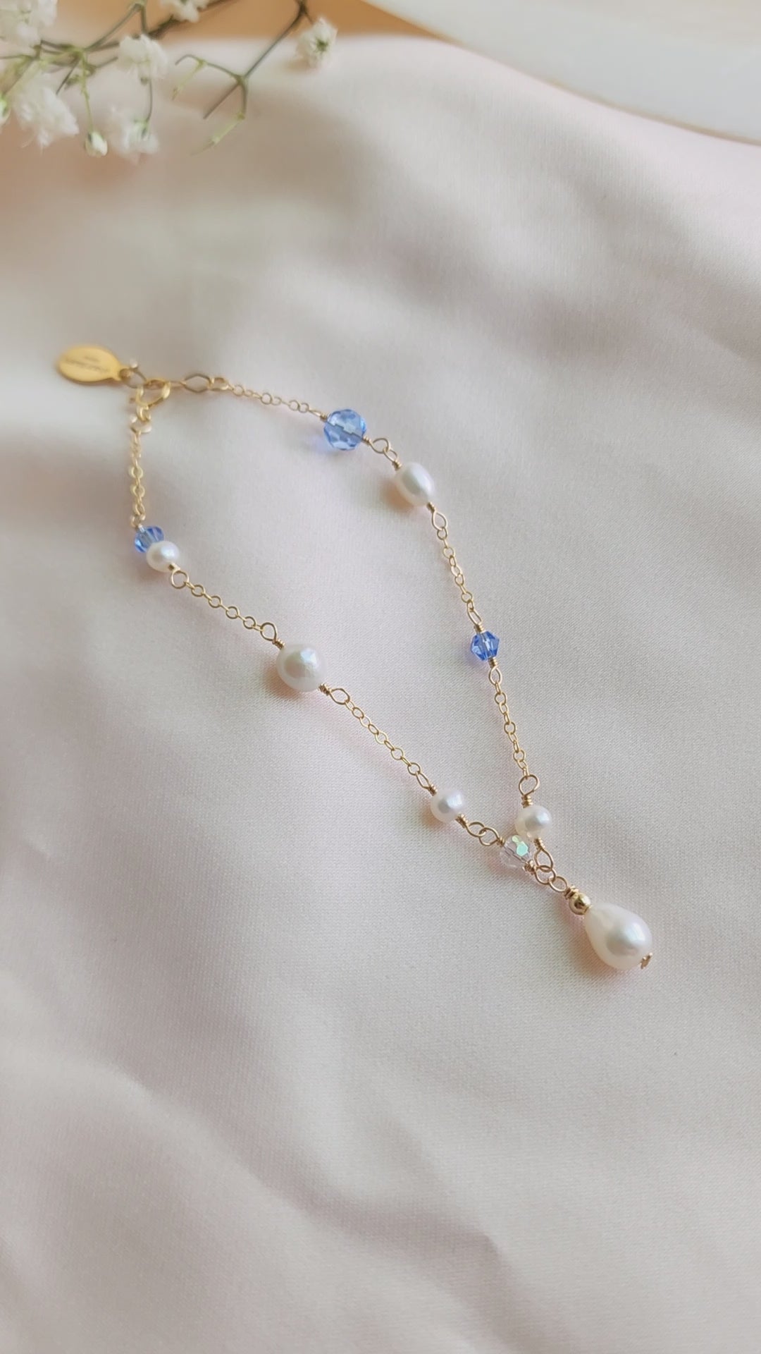 Blue Crystals and Teardrop Pearl Bracelet