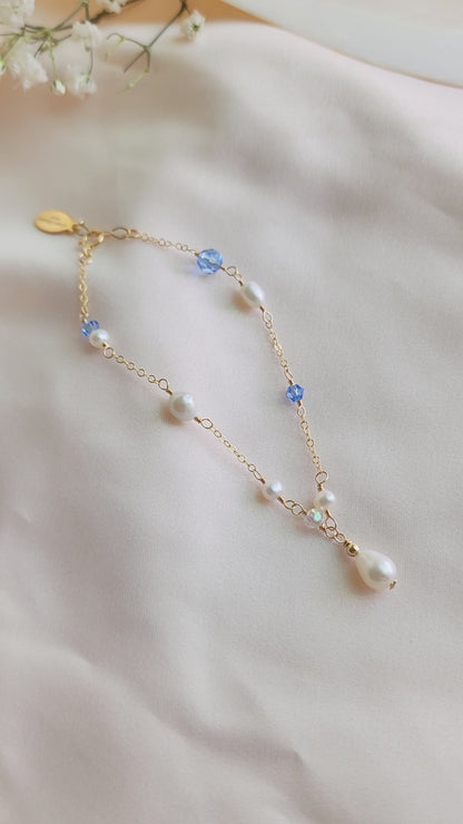 Blue Crystals and Teardrop Pearl Bracelet