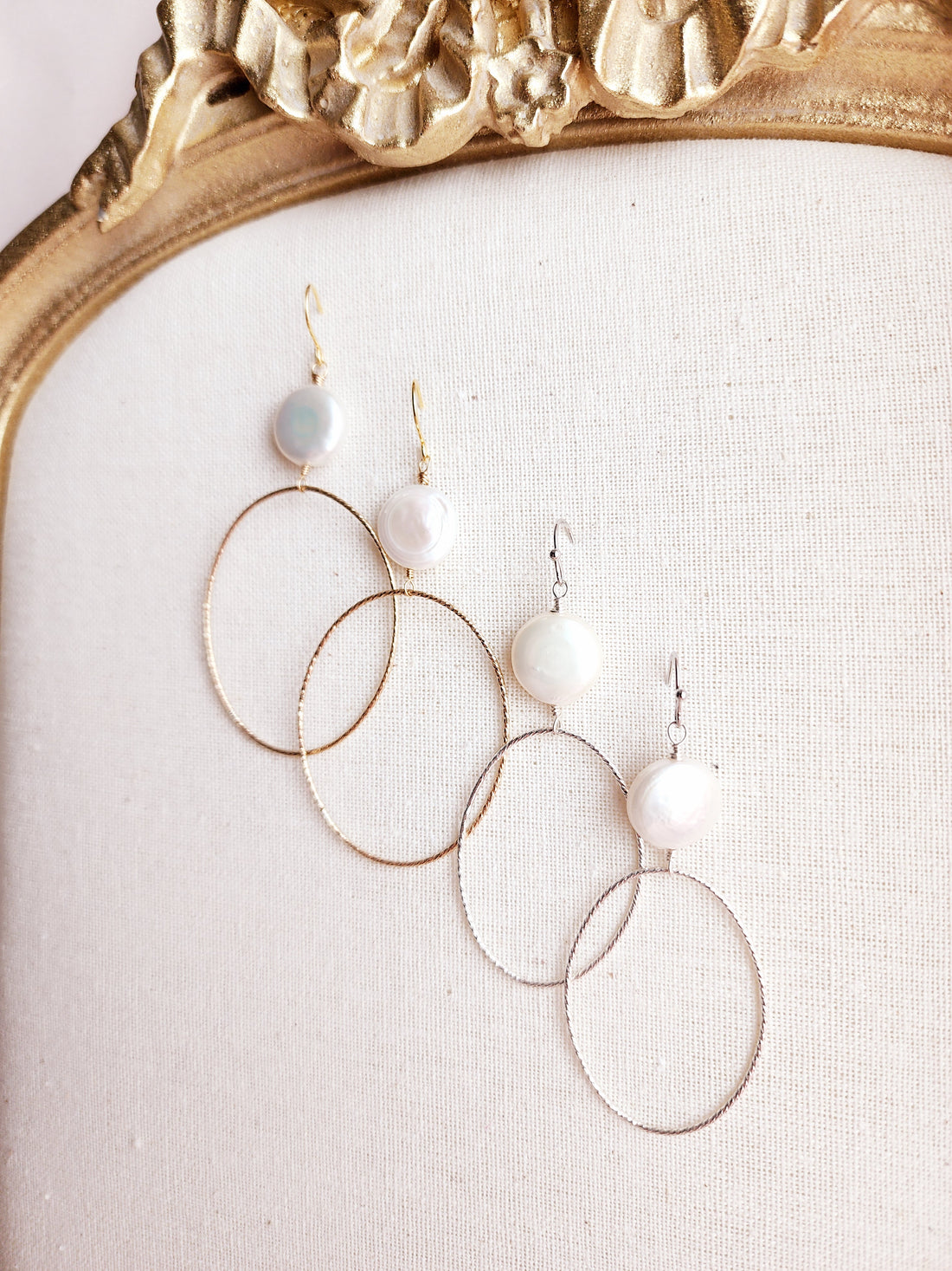 front view of coin pearls attached to beautiful sparkly hoops that are 14kt gold filled and sterling silver 